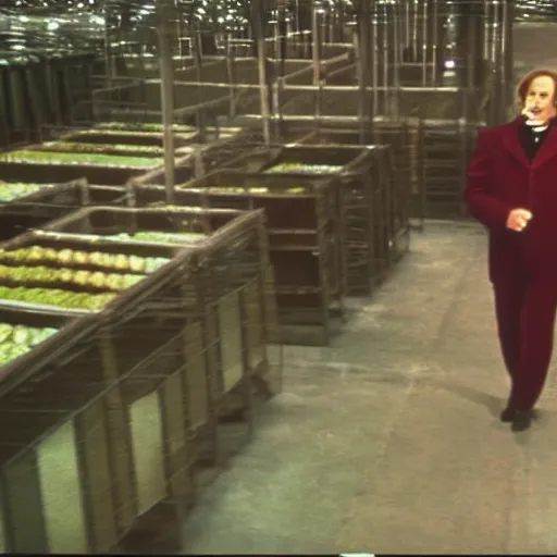 Prompt: security cam footage still of Willy Wonka in his Chocolate Factory