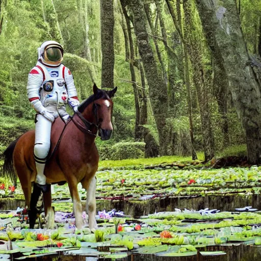 Image similar to A photo of an astronaut riding a horse in the forest. There is a river in front of them with water lilies.