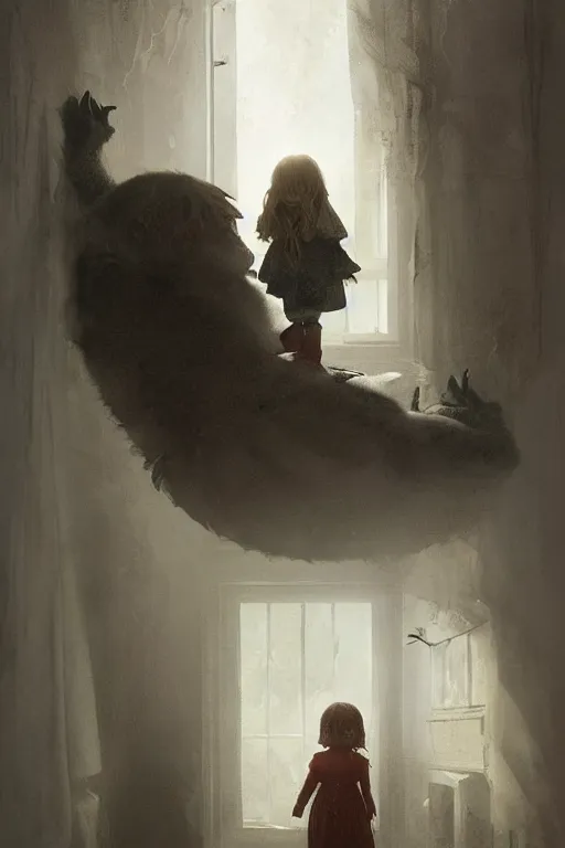 Image similar to A little girl’s sister lives with a monster in the closet, horror, illustrated by Greg Rutkowski and Caspar David Friedrich., Trending on artstation, artstationHD, artstationHQ, 4k, 8k