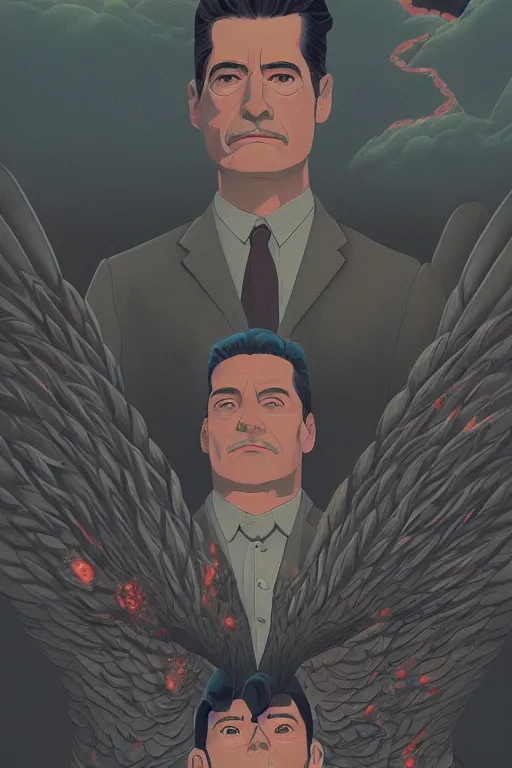 Prompt: Twin Peaks book movie poster artwork by Tomer Hanuka Rendering of an flock ominous owls exploding and flying all around Dale Cooper, full of details, by Makoto Shinkai and thomas kinkade, Matte painting, trending on artstation and unreal engine