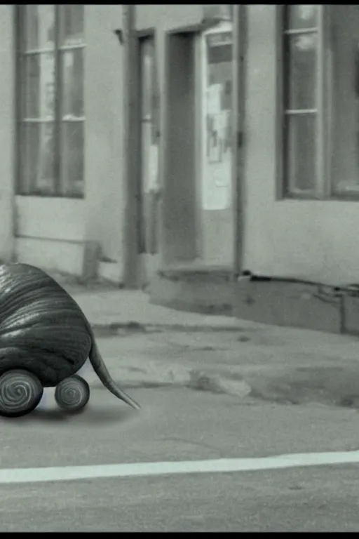 Image similar to still from vhs!! footage of snail!! cryptid walking down street