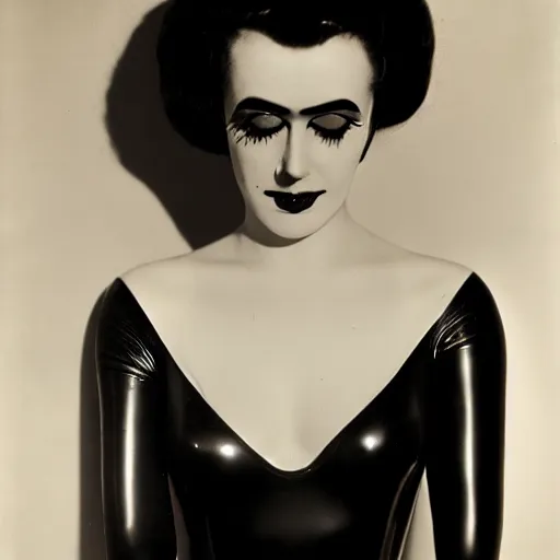 Prompt: old monochrom photography of a beautiful woman wearing a black latex dress by man ray, alfred ghisoland, george edward hurrell, 4 k,