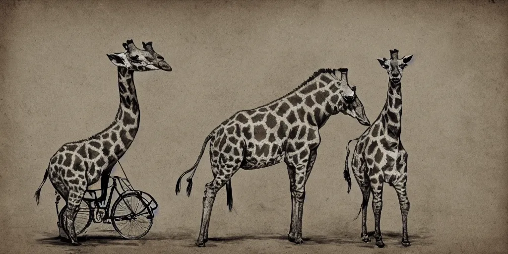 Image similar to giraffe pig hybrids riding bicycles, sepia toned illustration