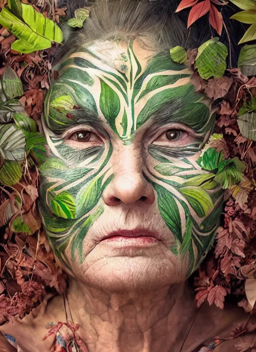Image similar to a beautiful painted portrait of an old woman in the jungle surrounded by leaves and plants, tribal face paintings, matte painting, fantasy art