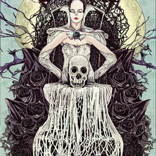 Image similar to the gothic wiccan beautiful queen witch occult woman sitting atop her throne made of skulls by gerald brom by anna steinbauer by kelly mckernan by edward gorey, trending on artstation