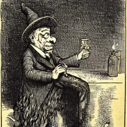 Prompt: a wizard smoking a pipe, high detail, 1 9 th century illustration by john tenniel