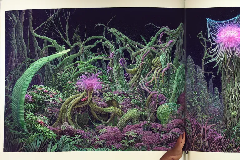 Prompt: lots of glass details, a lot of exotic vegetation, trees, flowers, pastel dull colors, gigantic anamorphic huge flower monster creature, extreme close - up staying in the foggy huge dark night forest covered with web and cotton and a lot of glow - worms, by moebius, hyperrealism, intricate detailed, risograph