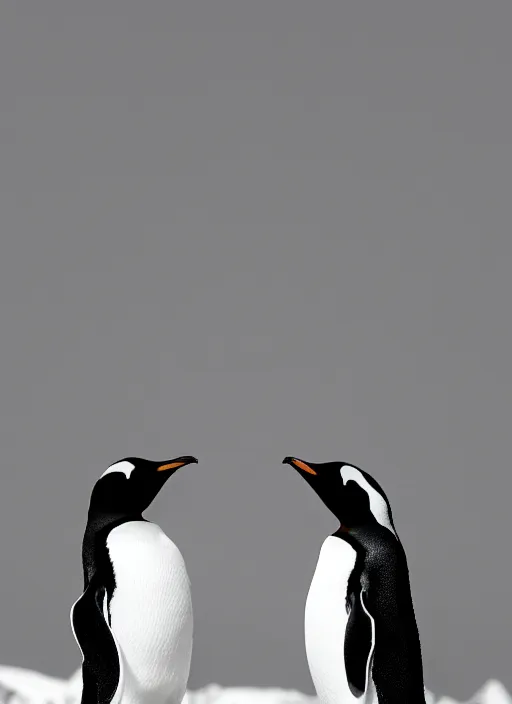 Prompt: two penguins black and white portrait white sky in background