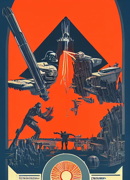 Prompt: film still of isometric symmetrical empire strikes back and darth vader holding a light sword with both hands above his head, soviet propaganda poster, 1910, deathstar, artwork movie poster by high contrast vibrant colors, Ralph McQuarrie, syd mead, dramatic action, New art nouveau, water color, moebius, airbrush, pencil, fine lines, neon ink on black paper,