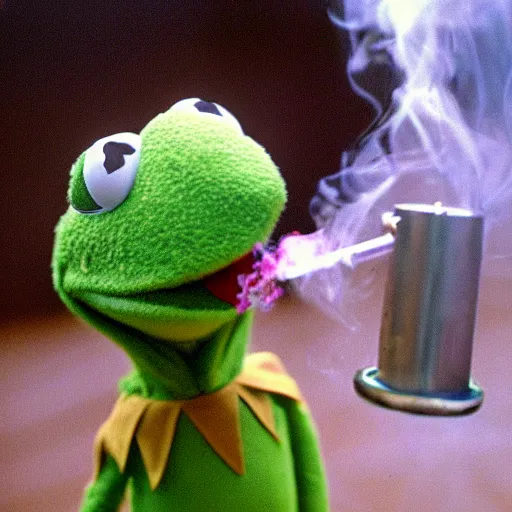 Image similar to kermit the frog smoking out of a bong in the movie ted, kermit the frog ripping a bong, polaroid photo