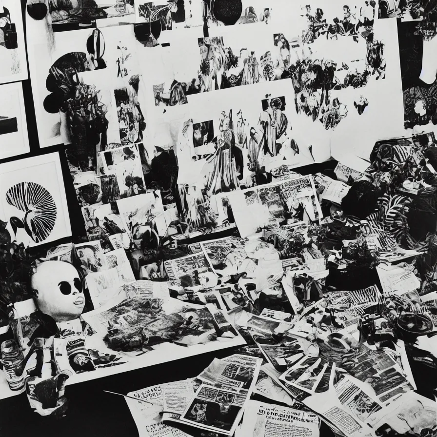 Image similar to A black and white photography of an exhibition space with objects of Sun Ra, Marcel Duchamp and tropical plants, 60s, offset lithography print, newspaper, detail