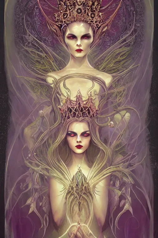 Prompt: jeweled Crown, other worldly, fairy necromancer court, bones, art nouveau, by Anato Finnstark, Tom Bagshaw, Brom