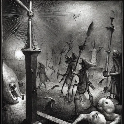 Image similar to plague doctors in the mist with weird rube goldberg machines, minimalist, joel peter witkin, heironymus bosch, gustave dore, beksinski, giger