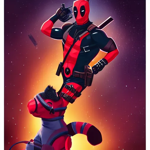 Image similar to deadpool riding on fluffy cat in space trending on artstation