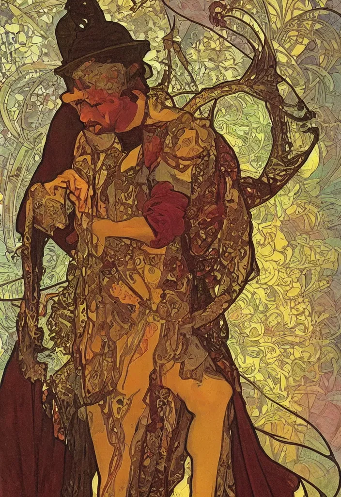 Image similar to Jurgen Schmidhuber as the Devil on a tarot card, tarot major arcana in art style by Alphonse Mucha