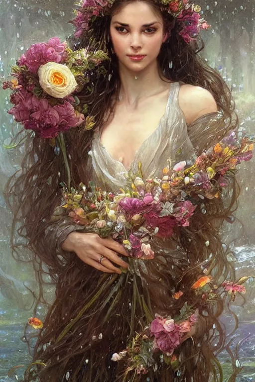 Image similar to portrait of a beautiful mysterious woman holding a bouquet of flowing flowers, wet dripping long hair, hands hidden under the bouquet, emerging from the water, fantasy, regal, intricate, by stanley artgerm lau, greg rutkowski, thomas kindkade, alphonse mucha, loish, norman rockwell