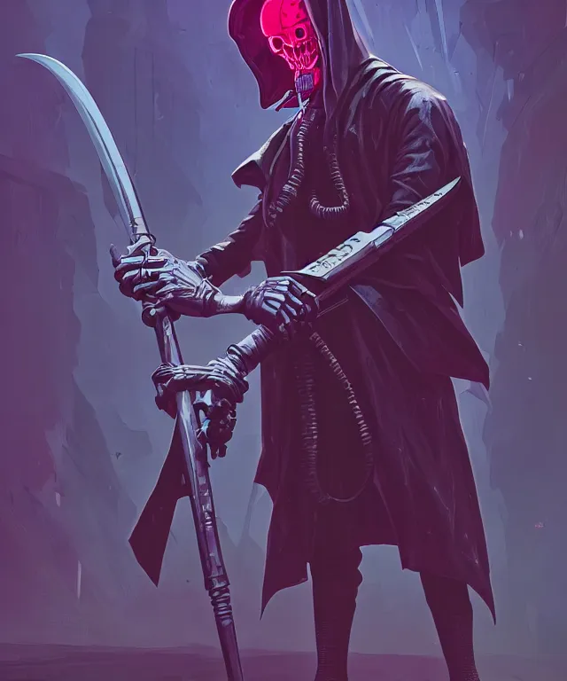 Image similar to a portrait of a cyberpunk grim reaper holding a scythe, fantasy, elegant, digital painting, artstation, concept art, matte, sharp focus, illustration, art by josan gonzalez