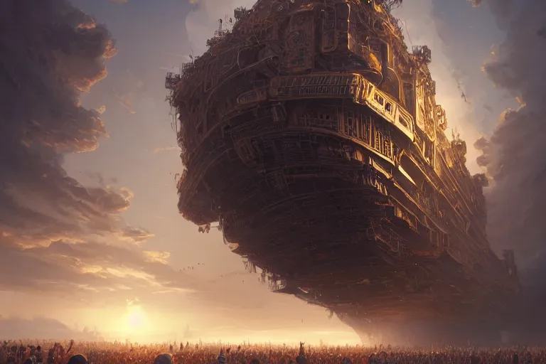 Image similar to detailed intricate digital illustration by greg rutkowski and artgerm and wlop and sanford robinson gifford ; colossal mothership vessel of immeasurable size arriving in our atmosphere, perspective of crowd of people on the ground looking up ; 1 3 mm film, wide angle ; golden hour, lens flare, trending on artstation 8 k