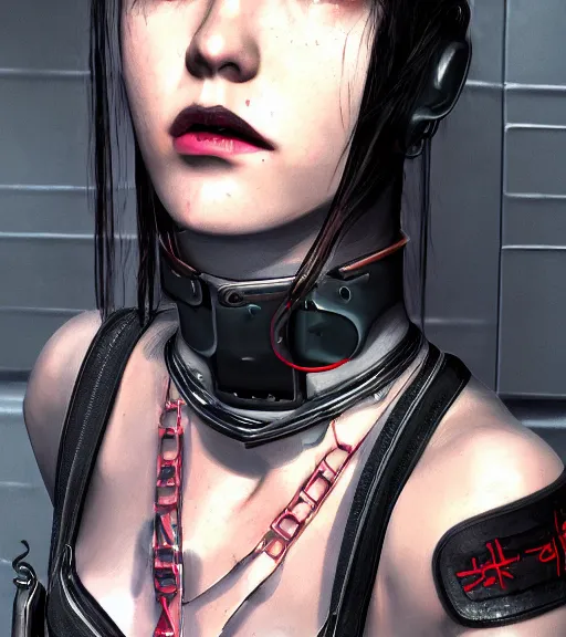 Image similar to detailed realistic female character cyberpunk wearing thick steel collar around neck, realistic, art, beautiful, 4K, collar, choker, collar around neck, punk, artstation, detailed, female, woman, choker, cyberpunk, neon, punk, collar, choker, collar around neck, thick collar, tight around neck, punk,