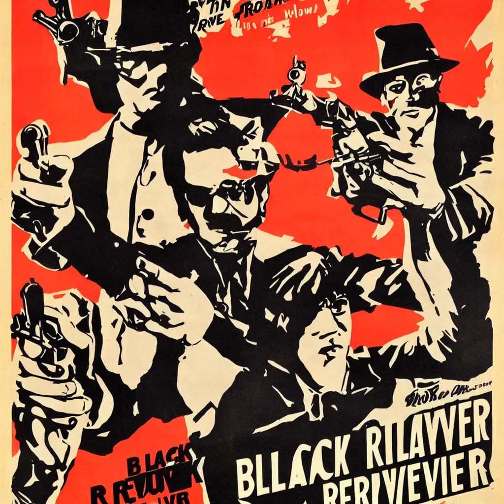 Image similar to black revolver in a hand, retro movie poster