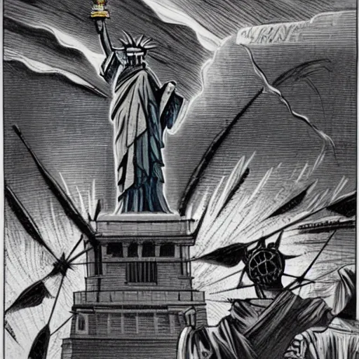 Image similar to statue of liberty attacking new york, chaos, fire