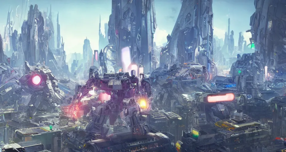 Image similar to a photo of an enormous mech towering over a crowd of astronauts in a futuristic city in the background, ultra realistic, hyper - detailed, unreal engine, raytraced lighting, colorful accents