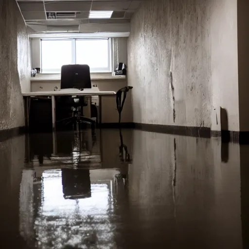 Image similar to backrooms office space, ominous lighting, moldy walls, momo wading in shallow water