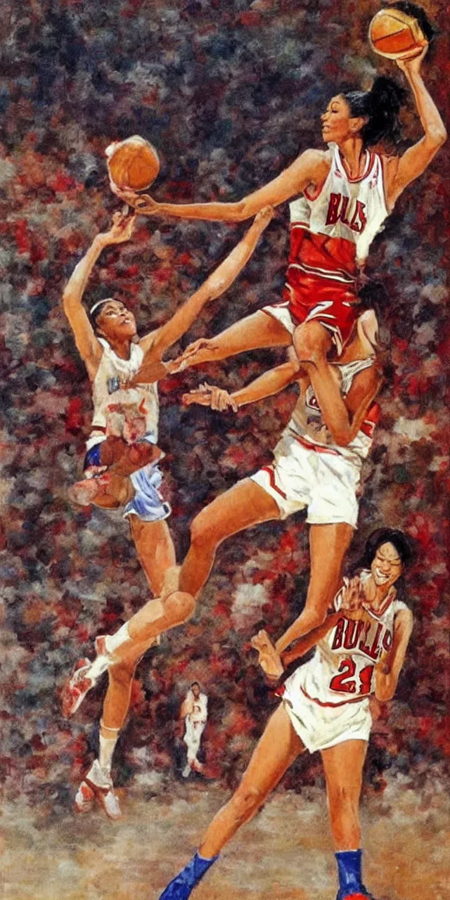 Image similar to candace parker playing basketball in a chicago bulls jersey, art by frank frazetta,