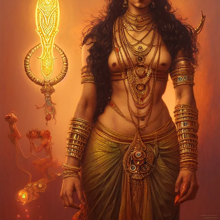 Image similar to hindu cyborg, lakshmi, diffuse lighting, fantasy, intricate, elegant, highly detailed, lifelike, photorealistic, digital painting, artstation, illustration, concept art, smooth, sharp focus, art by john collier and albert aublet and krenz cushart and artem demura and alphonse mucha