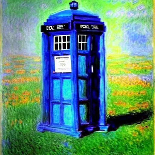 Prompt: an explosing tardis painted by monet, beautiful, highly detailed