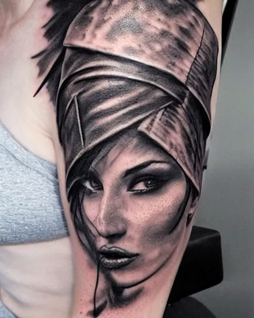 Image similar to A beautiful woman warrior faded on a background of a beautiful pirate ship, realism tattoo drawing, hyper realistic, shaded