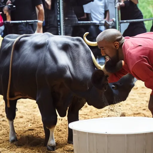 Image similar to kanye west milking a cow, ultra realistic, 8 k, ultra details, highly detailed face, sharp focus