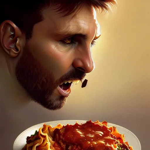 Image similar to Messi eating lasagna, closeup, D&D, fantasy, intricate, elegant, highly detailed, digital painting, artstation, concept art, matte, sharp focus, illustration, art by Artgerm and Greg Rutkowski and Alphonse Mucha