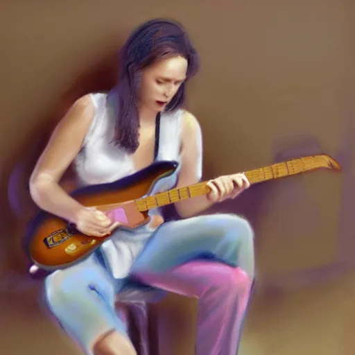 Image similar to women playing guitar, televisions, artstation, photoreal cinema still, pastel in the style of bruce weber