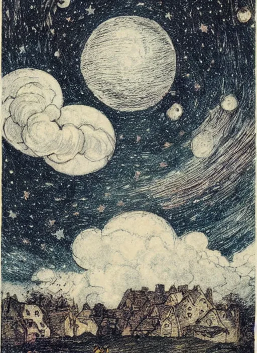 Prompt: night sky, stars, moon prominently in the center, surrounded by clouds, landscape, illustrated by peggy fortnum and beatrix potter and sir john tenniel