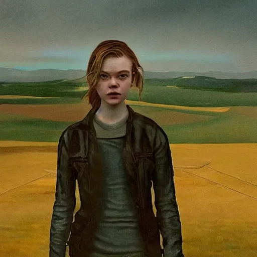 Prompt: Elle Fanning in the painted world of Resident Evil, head and shoulders masterpiece, apocalypse, golden hour, cosmic horror, artstation, in the style of Andrew Wyeth and Edward Hopper and Bosch, extremely detailed