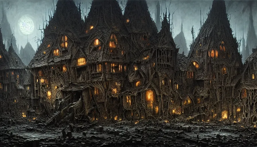 Prompt: goblin village, rotting, blood, night, death, fear, horror, religion, hyperrealism, detailed and intricate environment, by giger, by greg rutkowski