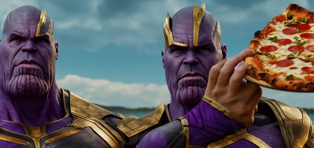 Image similar to a very high resolution image from a new movie. thanos eating pizza on a lake, photorealistic, photography, directed by wes anderson