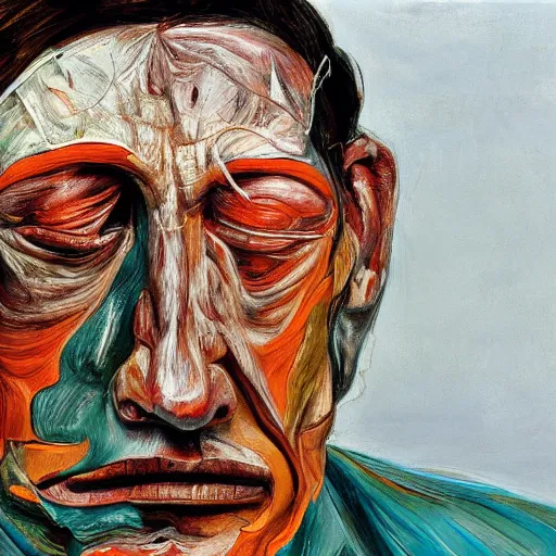 Image similar to high quality high detail painting of a man in agony by lucian freud and jenny saville and francis bacon, hd, anxiety, turquoise and orange