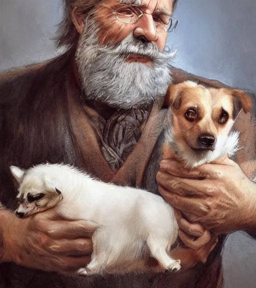 Image similar to full portrait of a old, ruggedly handsome bearded man holding corgi dog, real hands, soft hair, muscular, half body, cloth, d & d, fantasy, intricate, elegant, highly detailed, digital painting, artstation, concept art, smooth, sharp focus, illustration, art by artgerm and greg rutkowski and alphonse mucha