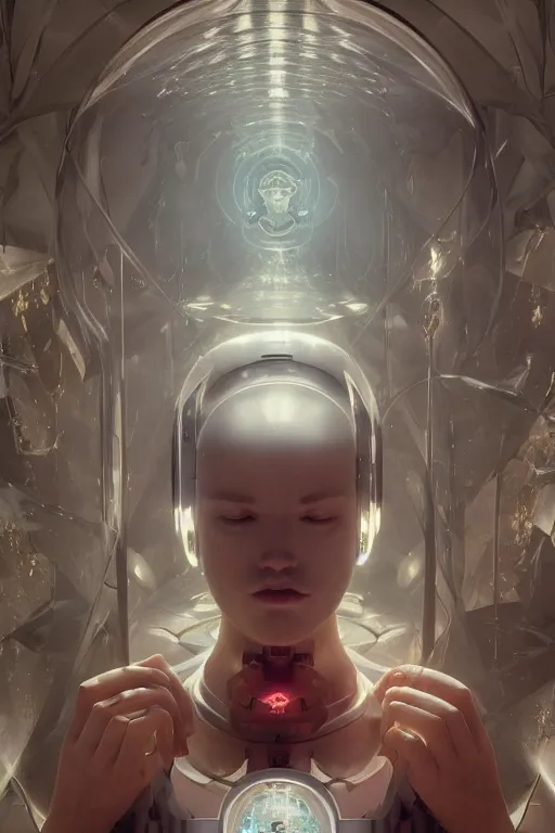 Image similar to evil ai held captive in a remote research facility. vulnerability and innocence, ultra realistic, sharp details, subsurface scattering, intricate details, warm lighting, beautiful features, highly detailed, photorealistic, octane render, 8 k, unreal engine, art by artgerm and greg rutkowski and alphonse mucha