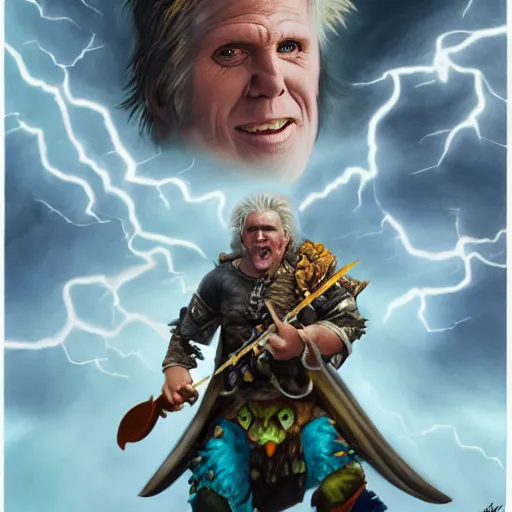 Image similar to detailed photo of a Half-orc bard portrayed by the gigachad Gary Busey with a lute, 8k,by Tristan Eaton, Stanley Artgermm, Tom Bagshaw, Greg Rutkowski, Carne Griffiths, trending on DeviantArt, face enhance, hyper detailed ,full of color, dramatic lightning, epic stance