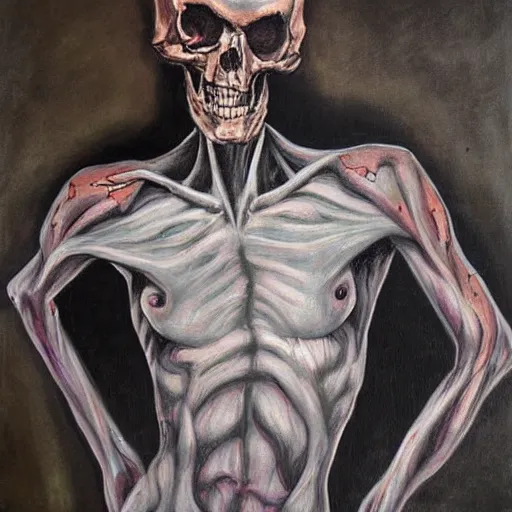 Image similar to death-camp-survivor-super-skinny-emaciated-horribly-skinny-Demon-Haunting painting by Thomas-Montacellinio