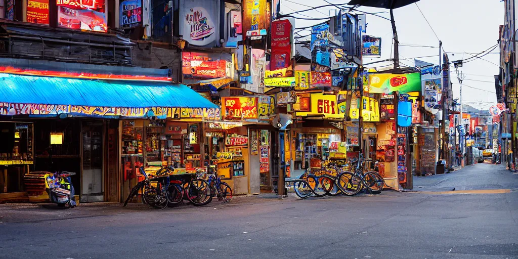 Prompt: Dusk City Street, Intersection, Storefront, alleyway, beer advertisement, bicycle in background, chairs, table, city street lights, clumps of bananas, colored light, colorful umbrella, convenience store, dusk sky, dingy city street, exiting store, getting groceries, hilly road, Korean writing, looking down street, moped, raining, smoking outside, tan suit, wet road, wet street, white shoes, wires hanging above street, wires in background, very high quality photography, dusk, cinematic.