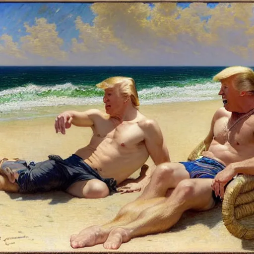 Image similar to joe biden and donald trump enjoying their time together at the beach. highly detailed painting by gaston bussiere, craig mullins, j. c. leyendecker, alphonse mucha 8 k