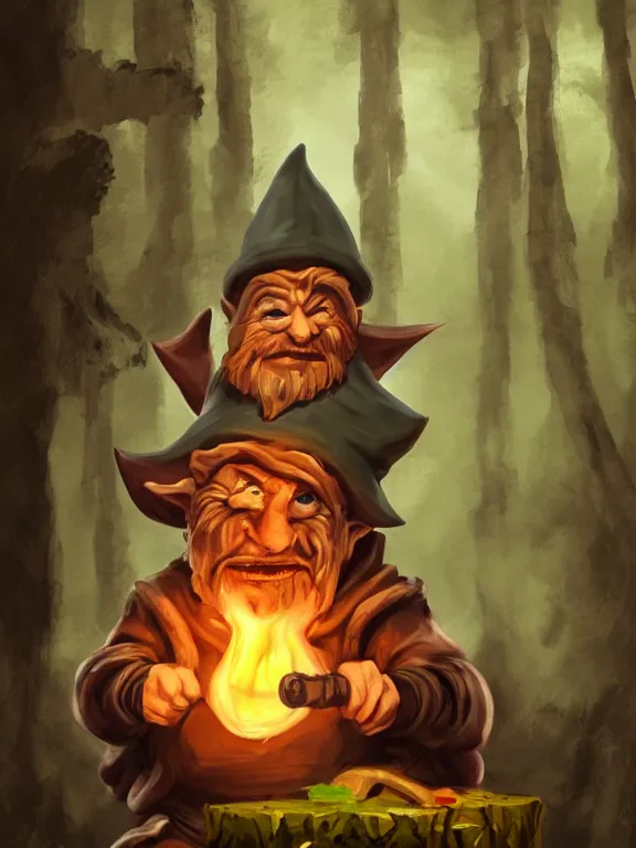 Prompt: evil alchemist gnome, brown tuffle coat, evil smile, flasks in hands, dnd, deforested forest background, oil painting, matte painting, by midjourney