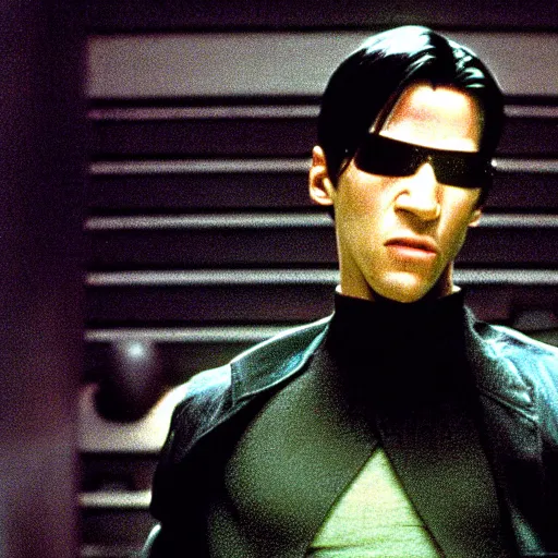 Image similar to neo dodges a bullet in the matrix, the matrix ( 1 9 9 9 )