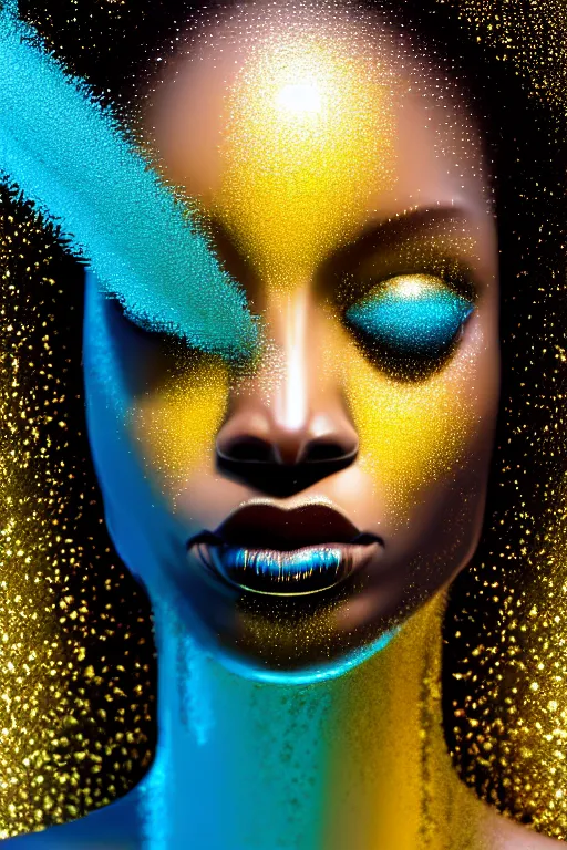 Image similar to hyperrealistic precisionist cinematic profile very expressive! black oshun goddess, in water! up to shoulders, mirror dripping droplet!, gold flowers, highly detailed face, digital art masterpiece, smooth eric zener cam de leon, dramatic pearlescent turquoise light on one side, low angle uhd 8 k, shallow depth of field