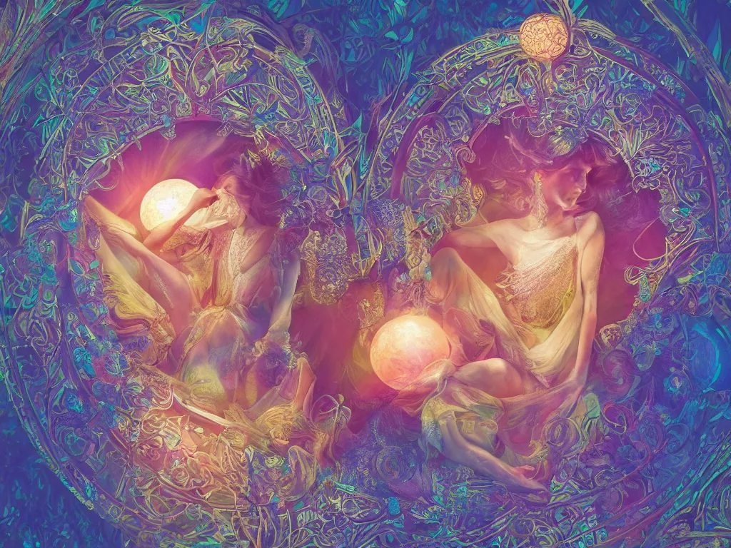 Prompt: the orb of dreams, sunlight study, art nouveau, by hans zatzka and ( ( ( ( lisa frank ) ) ) ), 8 k, sharp focus, octane render, ( ( ( kauai ) ) )