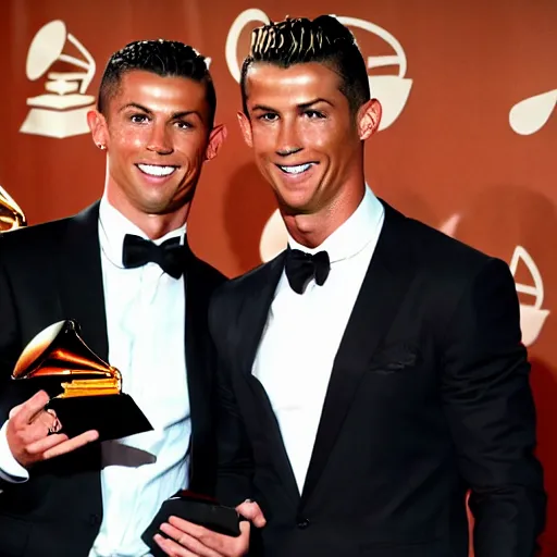 Image similar to lionei messi and cristiano ronaldo at the grammy awards